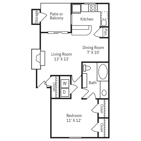 a floor plan of a studio apartment with a bedroom and a living room